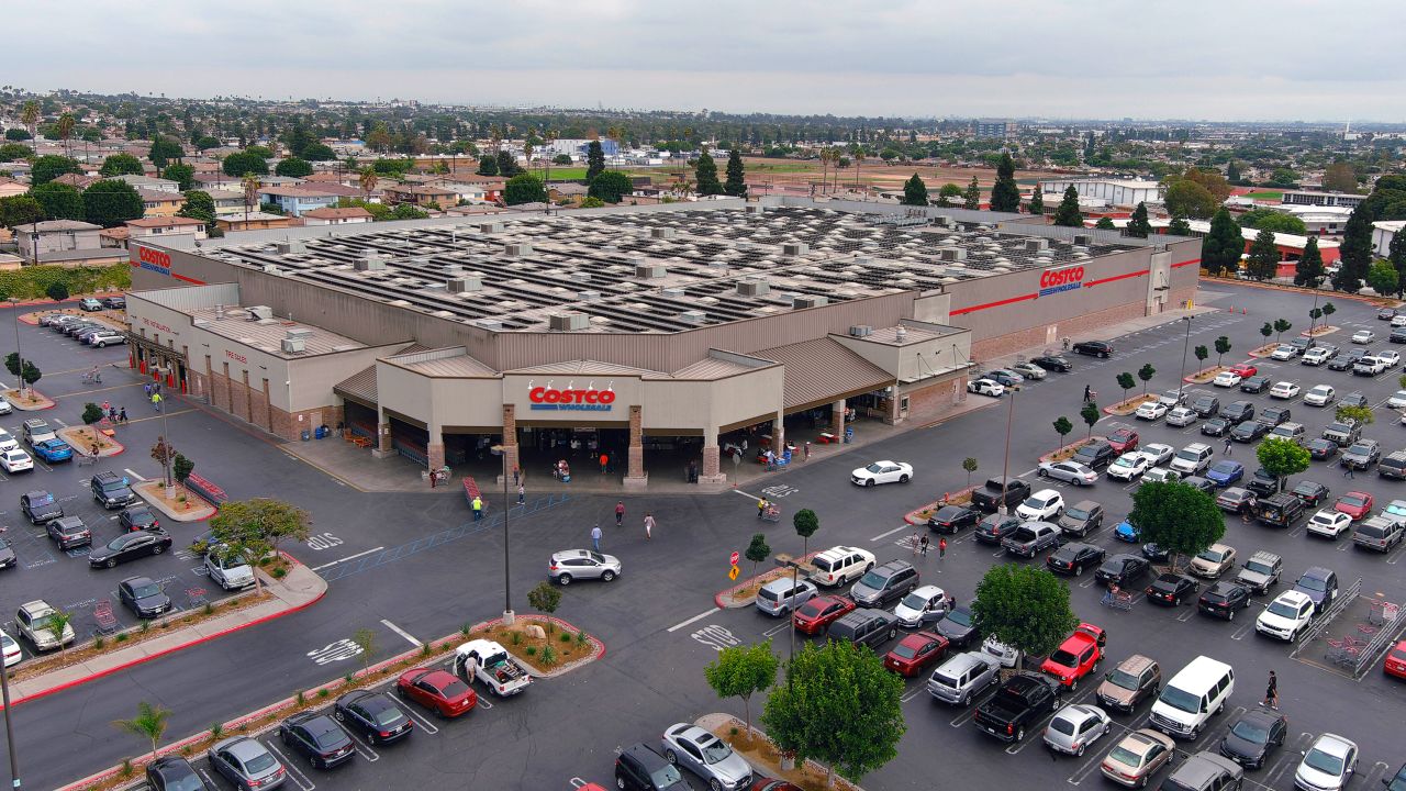 Solar panels on the roof of a Costco store in Ingelwood, California, in 2021. Costco told CNN 95 stores in the US have rooftop solar installations.